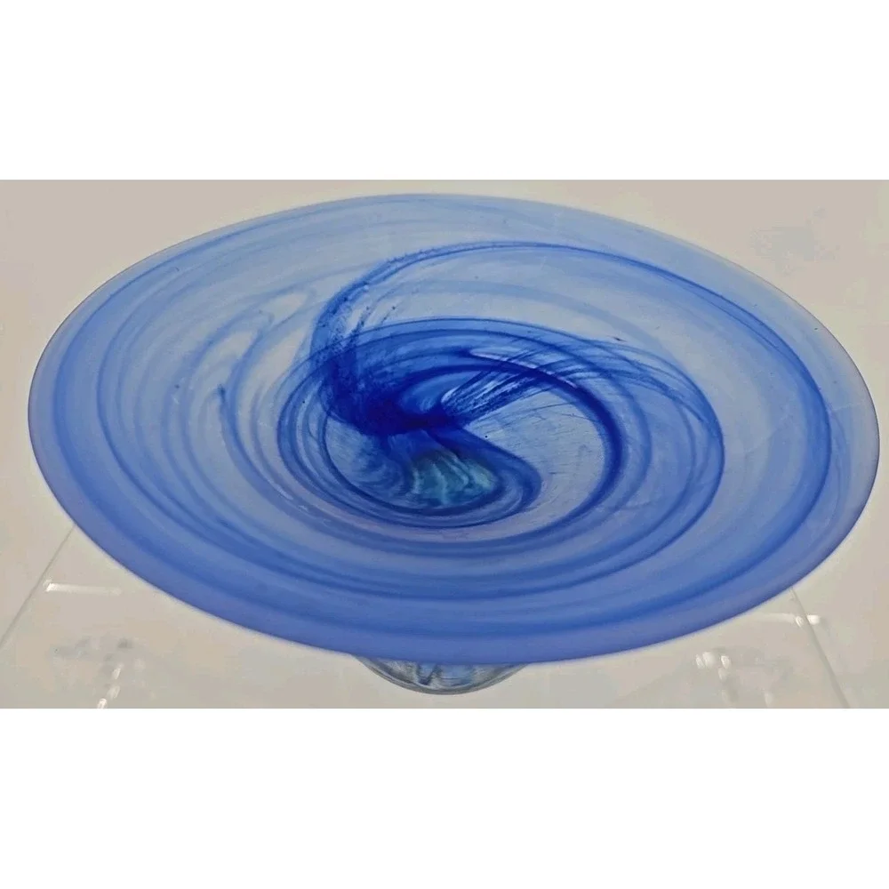Satin blue Swirl Compote  Polished  Clear Glass Base W/ Bubbles 7